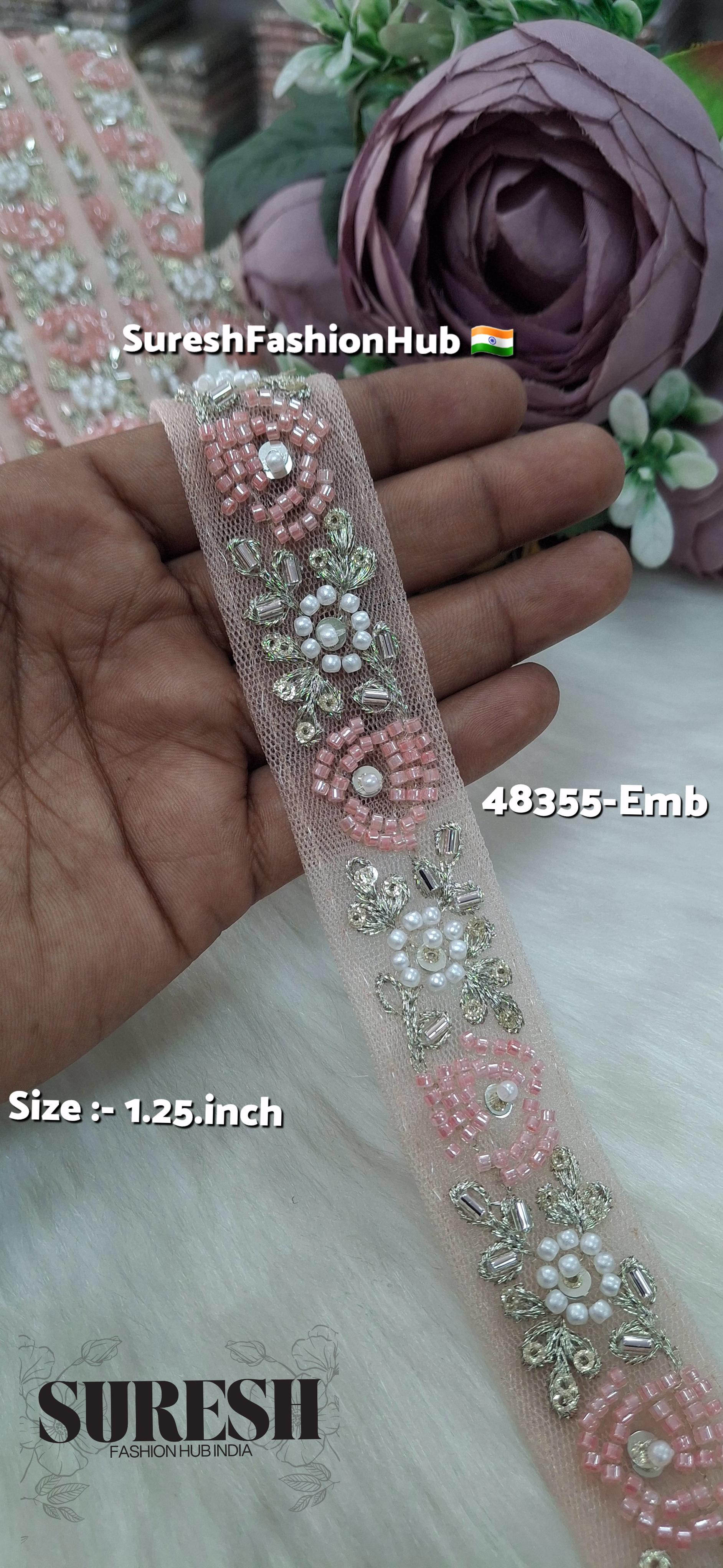 Dark Peach Beaded Bloom Net Embroidered Lace