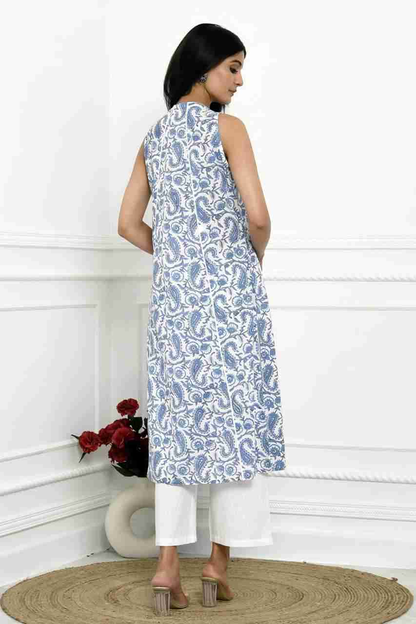 Naksh White and Blue Paisley Printed Sleeveless Kurta