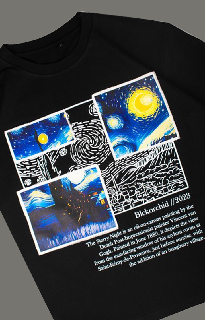 Blckorchid | Unisex Starry Night Black Cotton Printed Oversized T-Shirt
