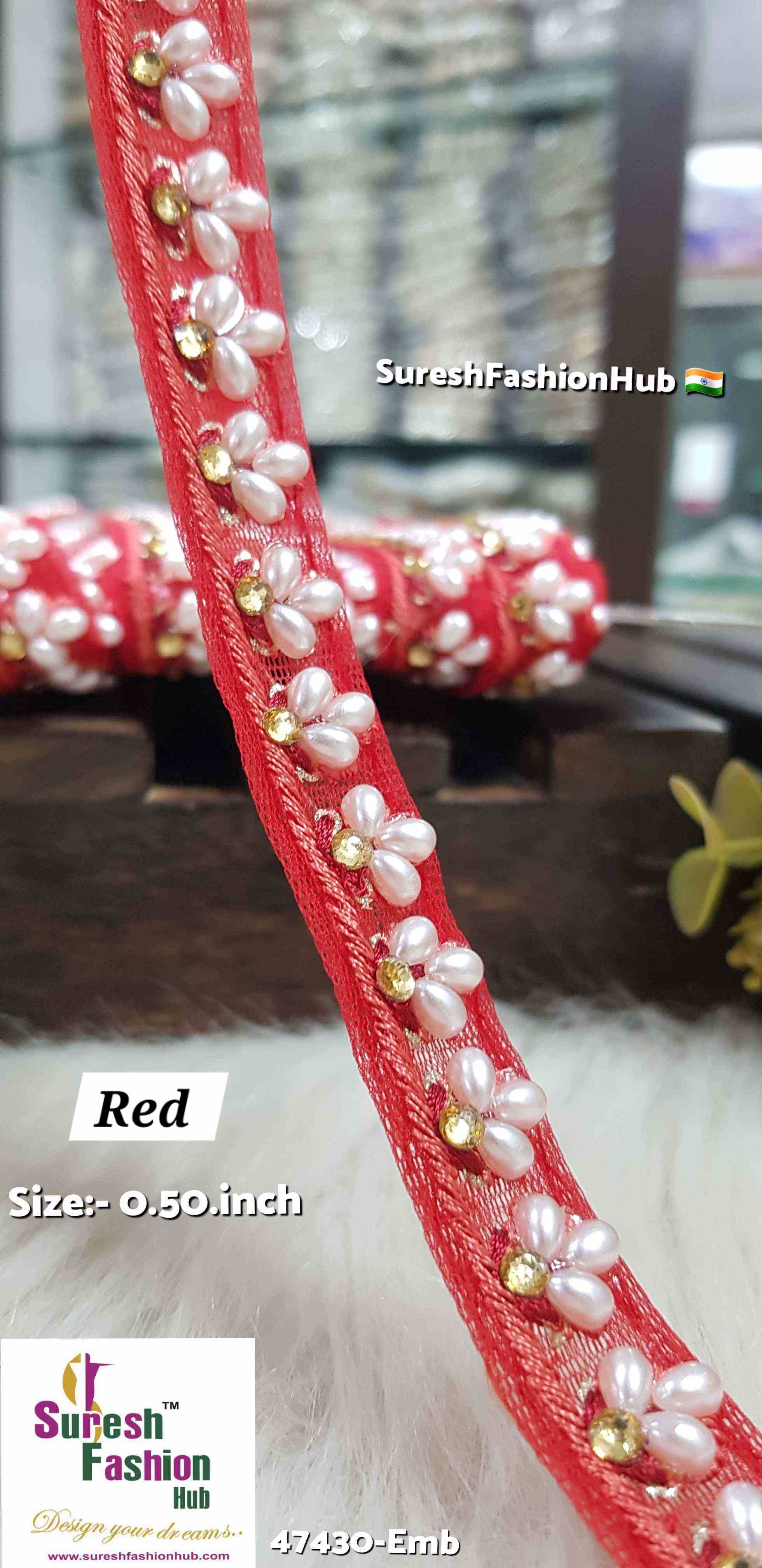 LuxeGlimmer Embroidered Trim Red Color