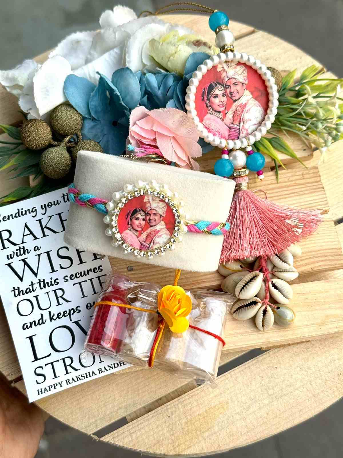 Beautiful personalised rakhi n lumba set with Potli packing