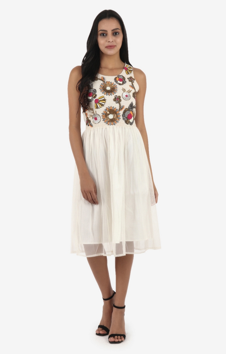 DIWAAH | Diwaah Off White Embellished Fit And Flare Dress 0