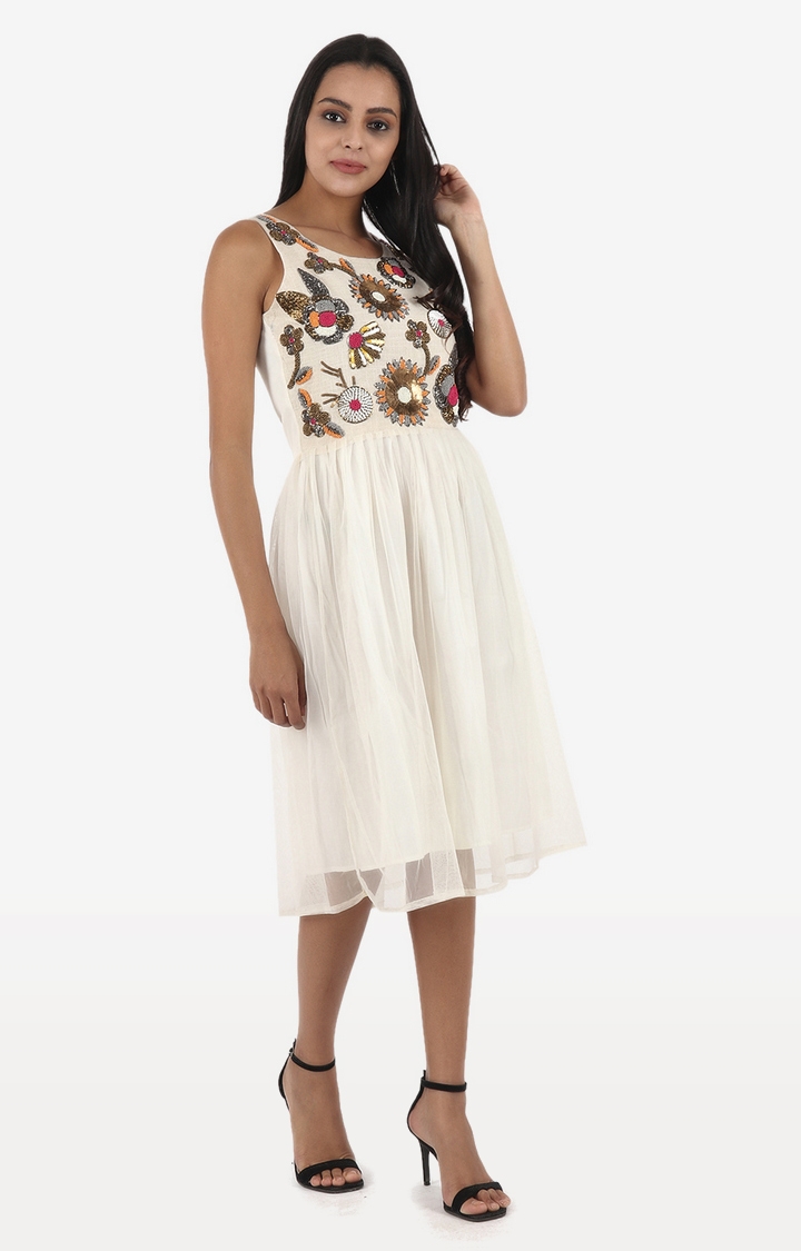 DIWAAH | Diwaah Off White Embellished Fit And Flare Dress 1