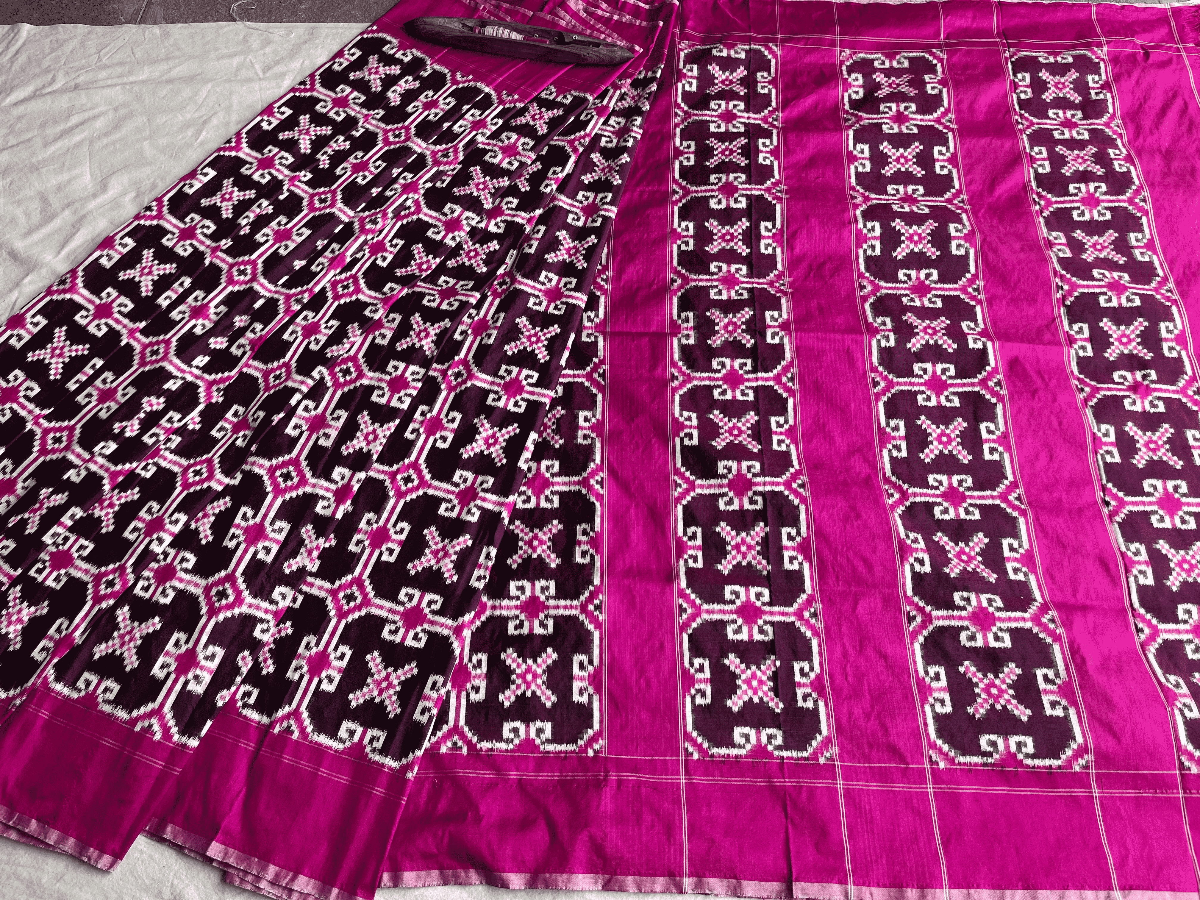 Teliya Rumal Double Ikat Jamun And Pink Combimnation Ikat Saree