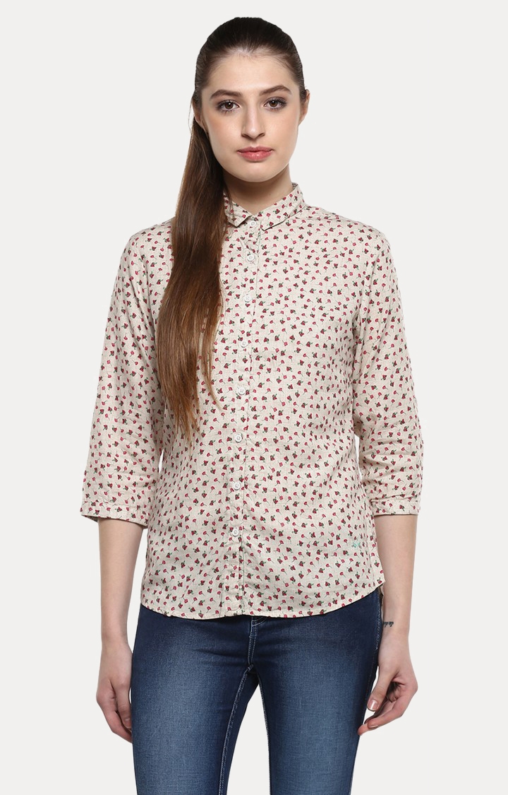 Crimsoune Club | Beige and Red Printed Casual Shirt 0