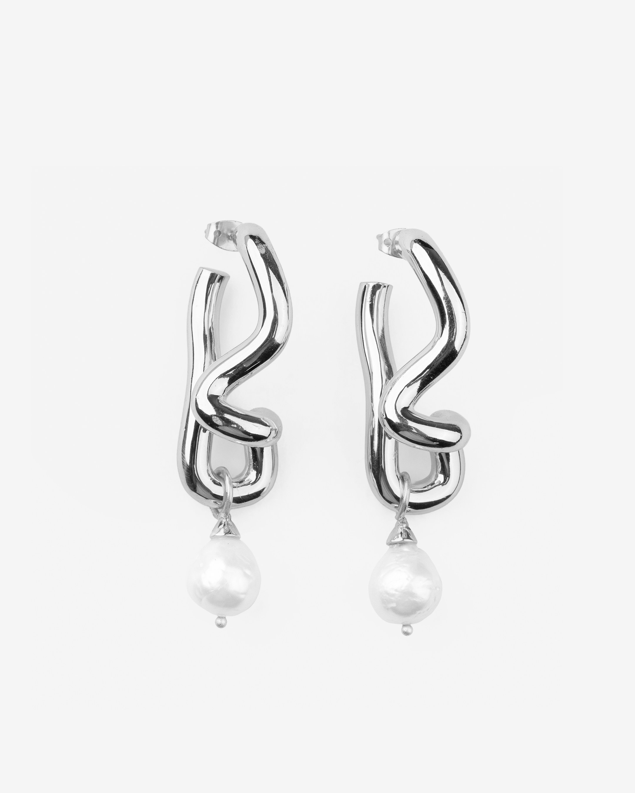 Freeform Pearl Drop Silver Hoops