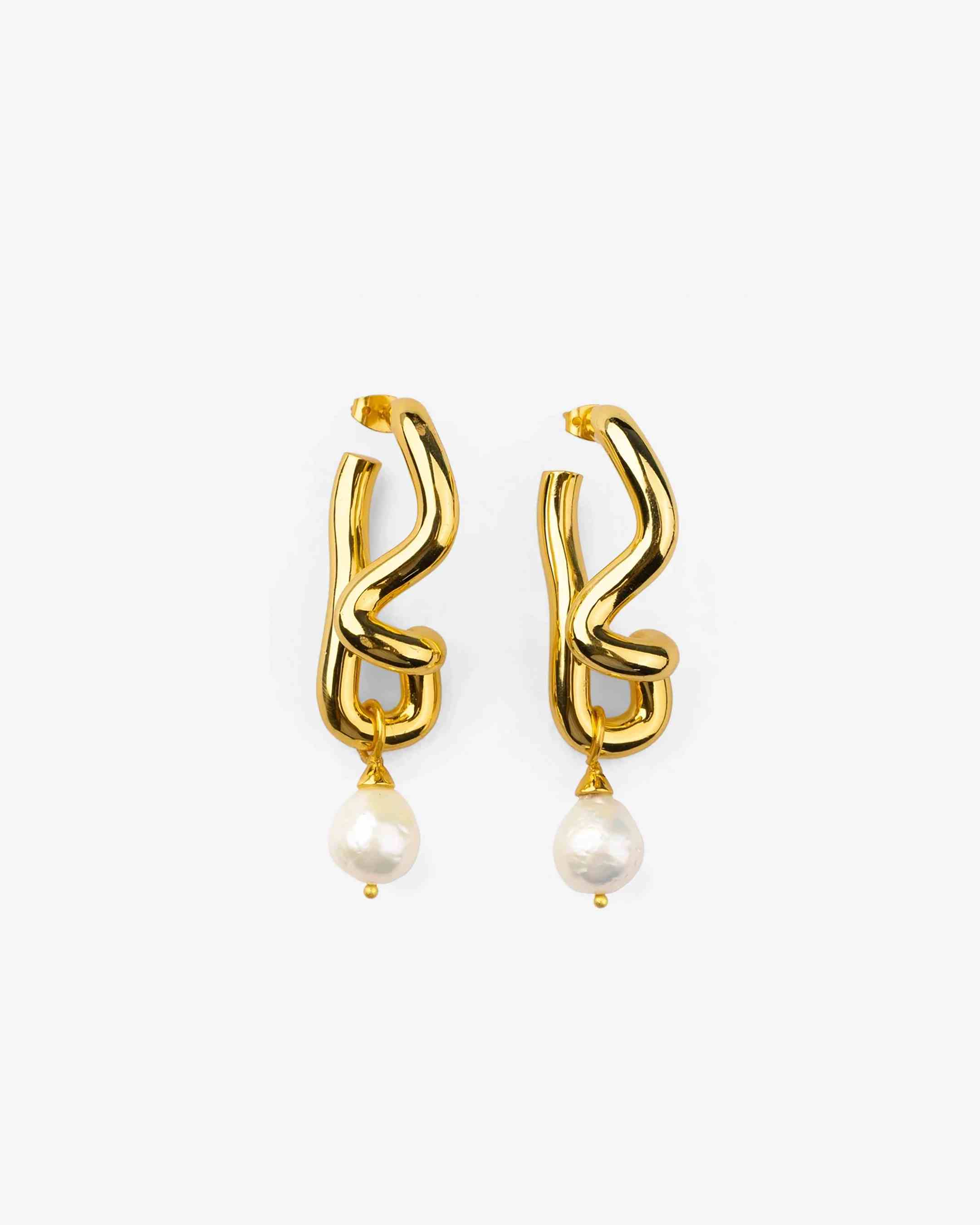 Freeform Pearl Drop Gold Hoops