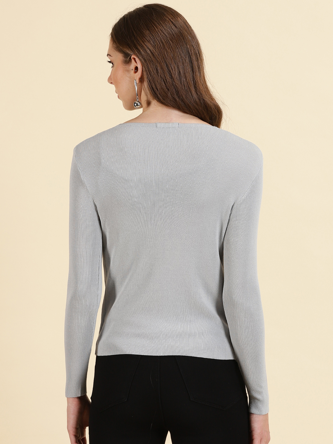 SHOWOFF Women's V-Neck Solid Grey Front-Open Sweater