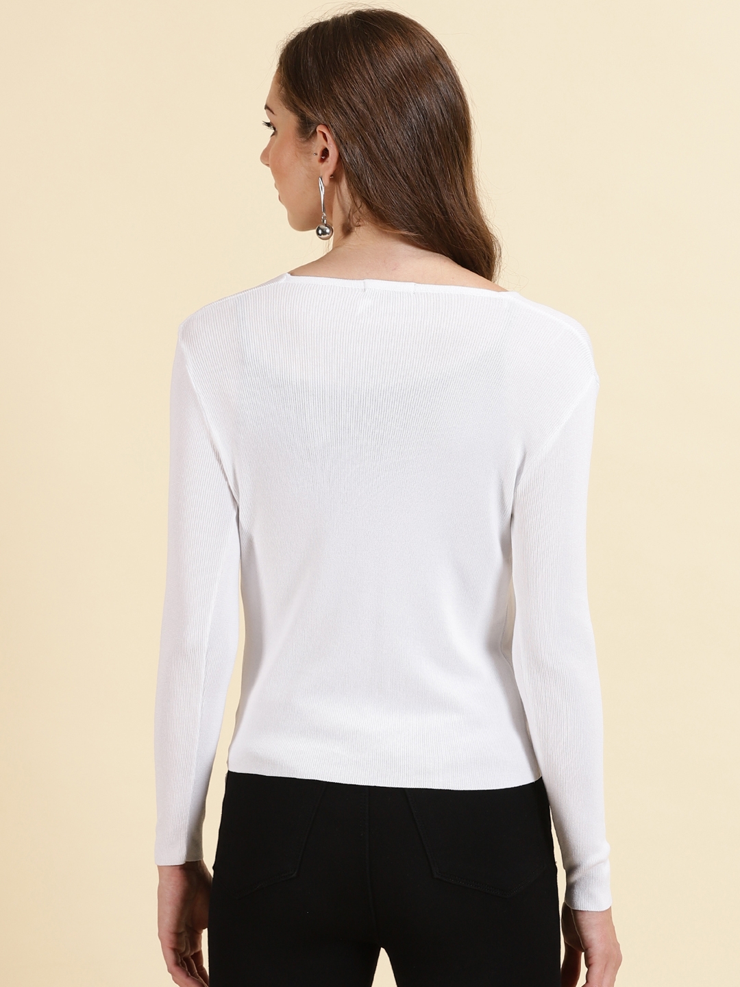 Showoff | SHOWOFF Women's V-Neck Solid White Front-Open Sweater 3