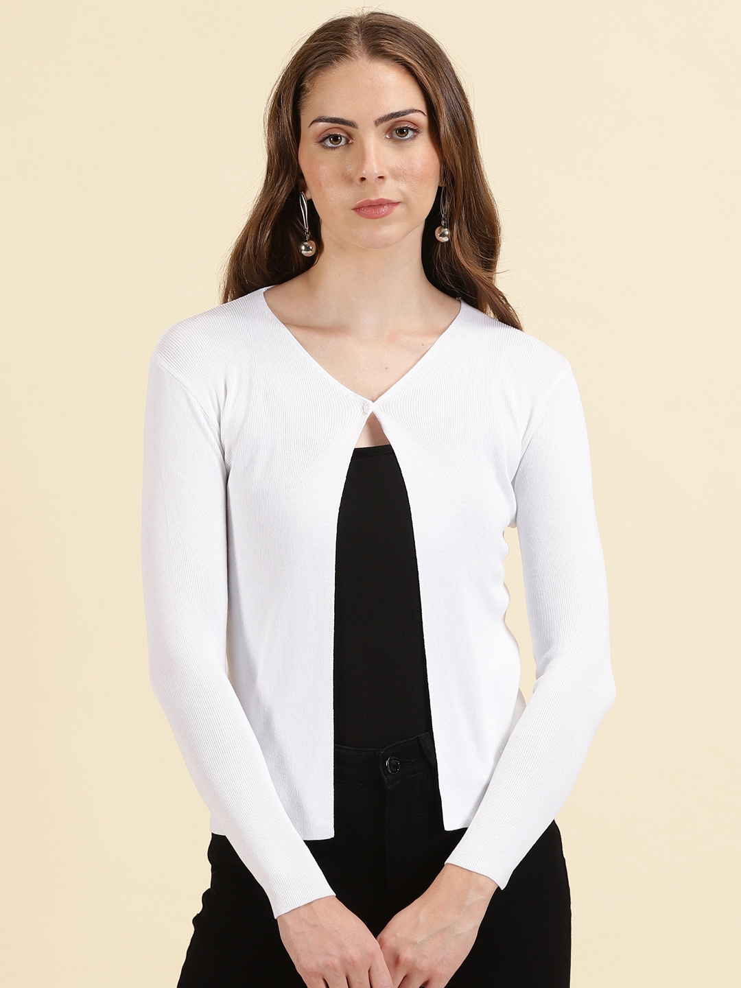 Showoff | SHOWOFF Women's V-Neck Solid White Front-Open Sweater 1