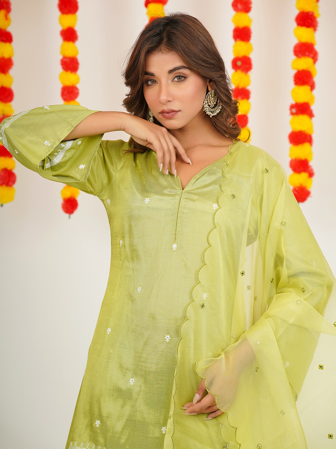 v neck embroidered kurta -pant with embroidered duptta
