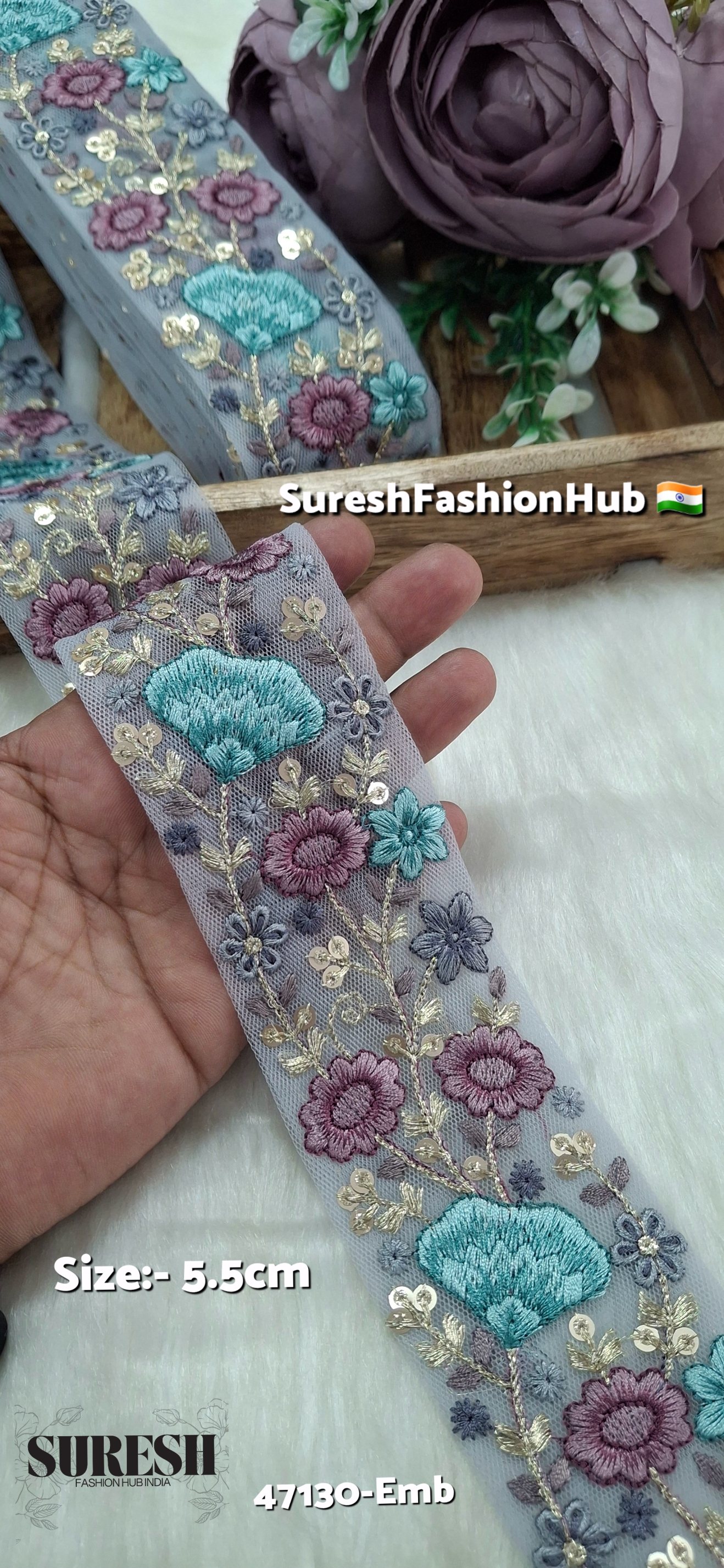 Grey Net Multi-Thread Floral Embroidery Lace