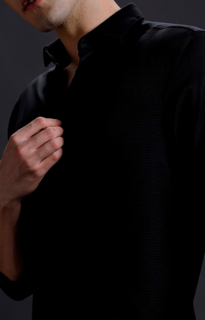 Men's Black Cotton Textured Formal Shirt