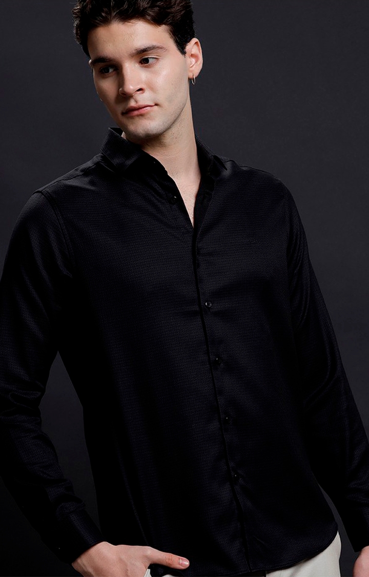 Aldeno | Men's Black Cotton Textured Formal Shirt