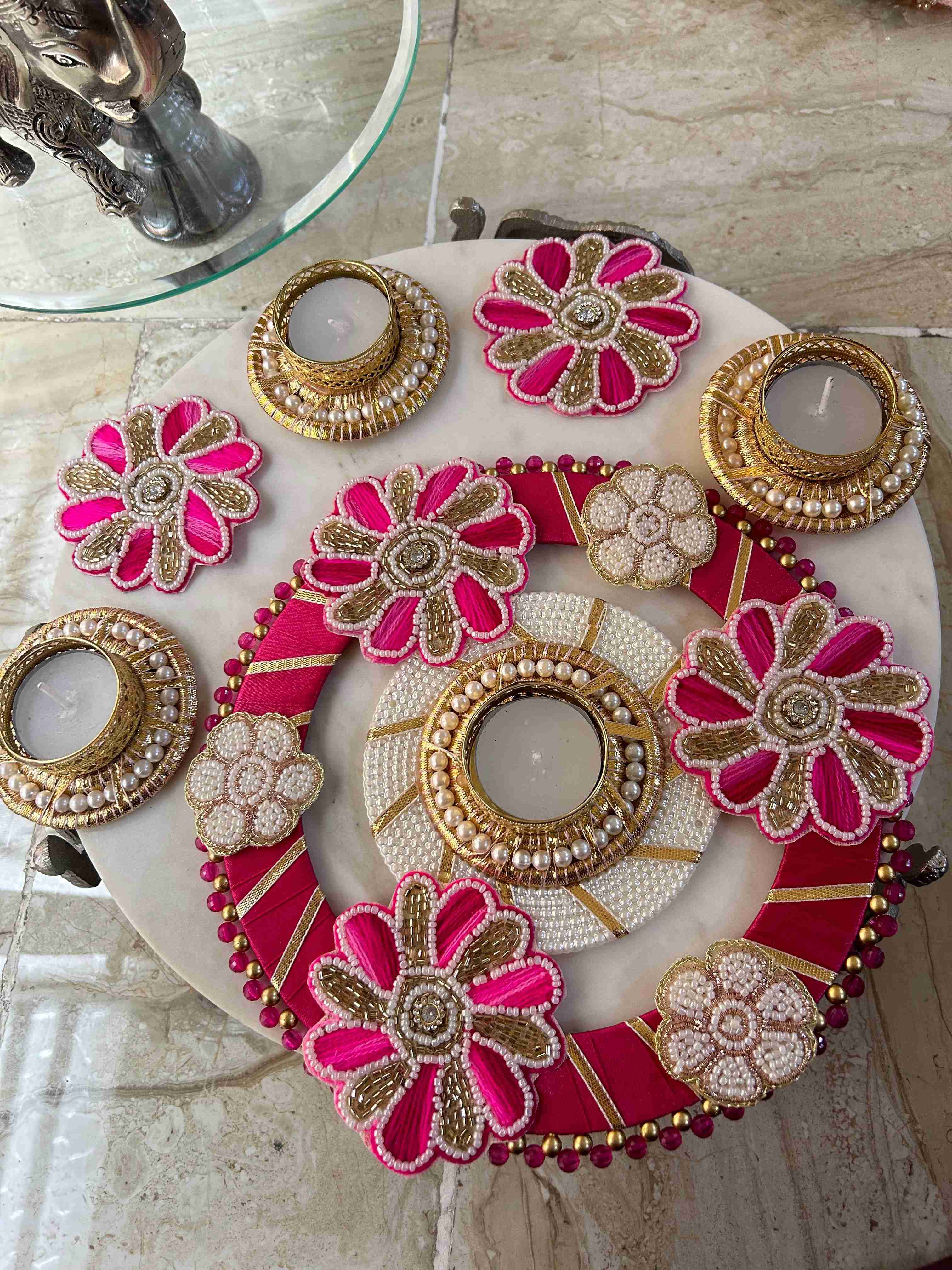 Pink Flower Tea-light Candle Rangoli Set With Decorations