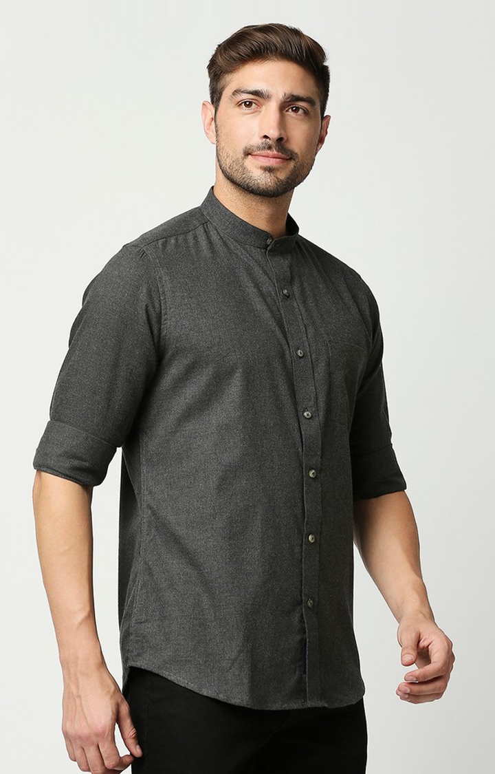 EVOQ | EVOQ's Charcoal Grey Flannel Full Sleeves Cotton Casual Shirt with Mandarin Collar for Men 2
