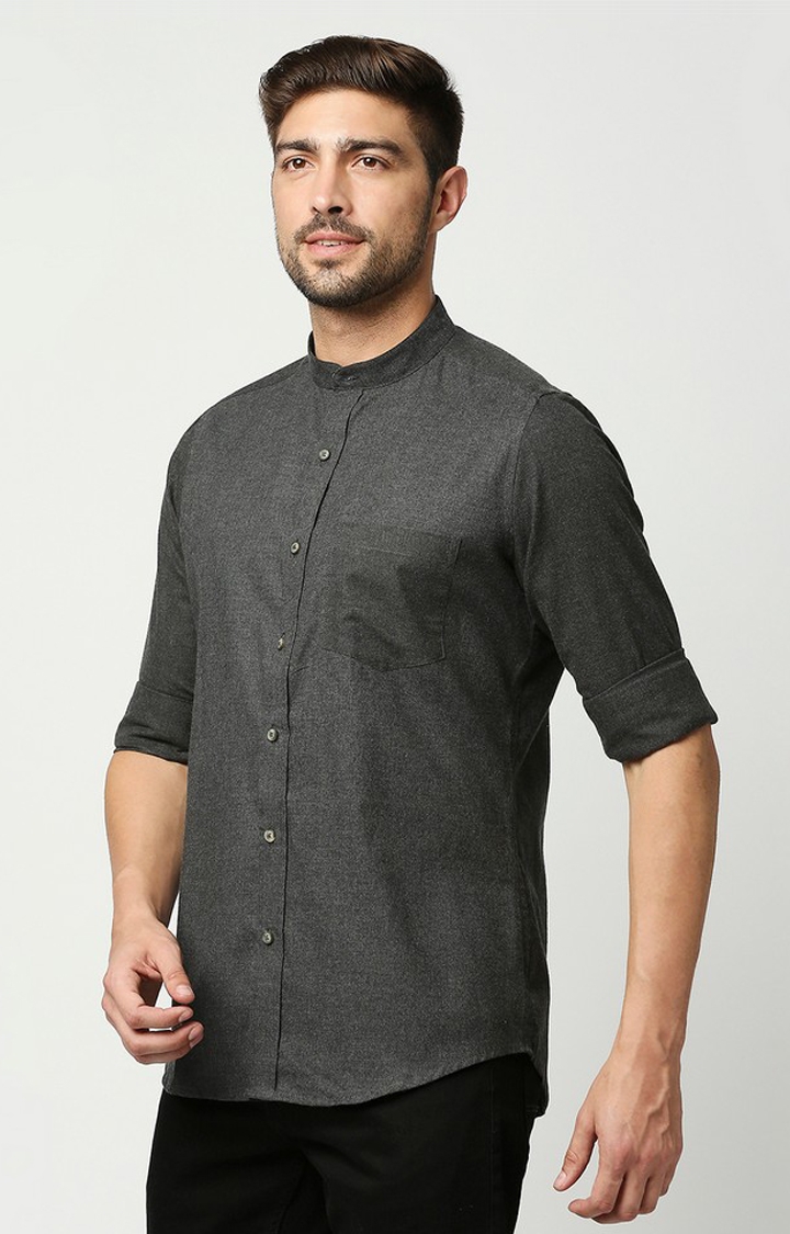 EVOQ | EVOQ's Charcoal Grey Flannel Full Sleeves Cotton Casual Shirt with Mandarin Collar for Men 3