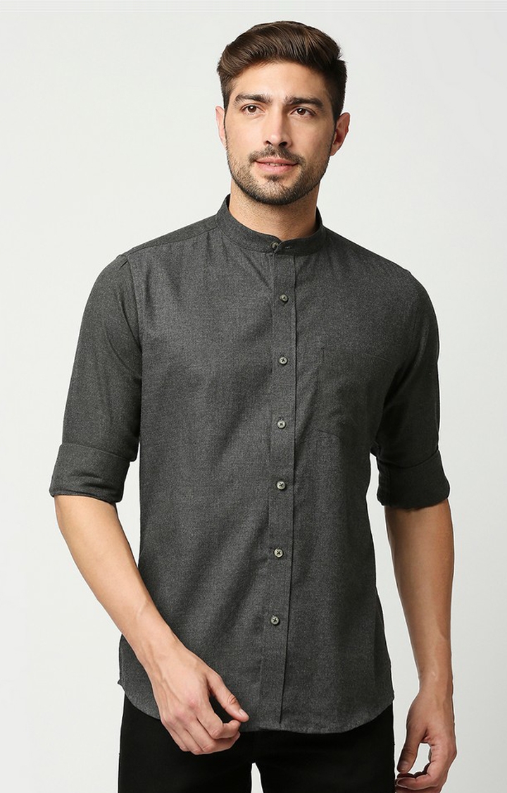 EVOQ's Charcoal Grey Flannel Full Sleeves Cotton Casual Shirt with Mandarin Collar for Men