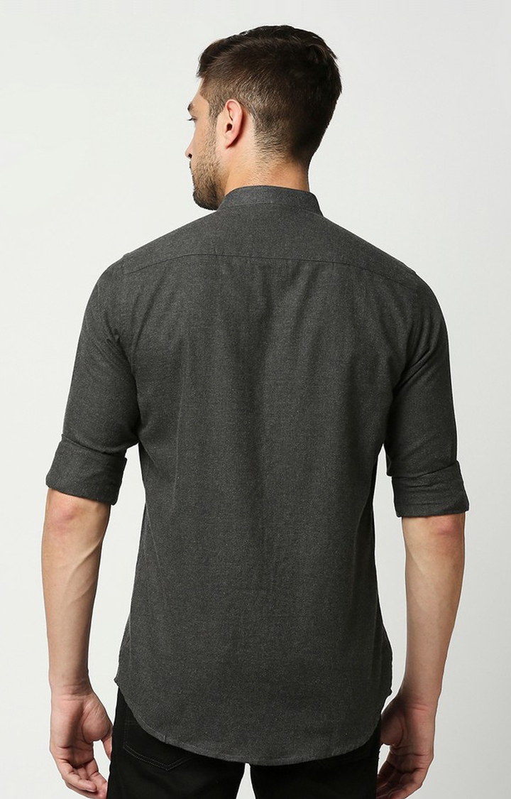 EVOQ | EVOQ's Charcoal Grey Flannel Full Sleeves Cotton Casual Shirt with Mandarin Collar for Men 4