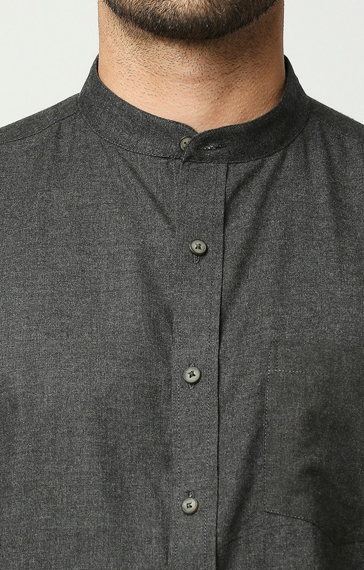 EVOQ | EVOQ's Charcoal Grey Flannel Full Sleeves Cotton Casual Shirt with Mandarin Collar for Men 5
