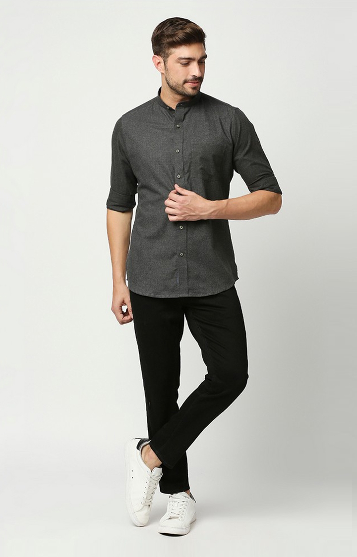 EVOQ | EVOQ's Charcoal Grey Flannel Full Sleeves Cotton Casual Shirt with Mandarin Collar for Men 1