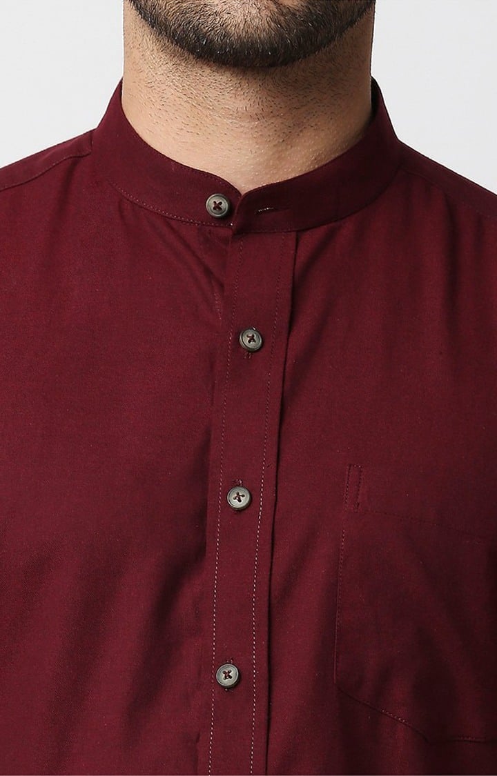 EVOQ's Maroon Flannel Full Sleeves Cotton Casual Shirt with Mandarin Collar for Men