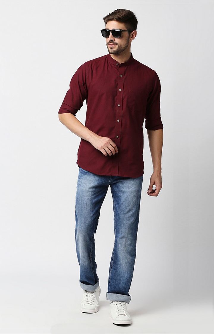 EVOQ | EVOQ's Maroon Flannel Full Sleeves Cotton Casual Shirt with Mandarin Collar for Men 1