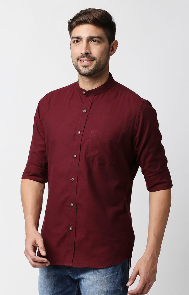 EVOQ's Maroon Flannel Full Sleeves Cotton Casual Shirt with Mandarin Collar for Men