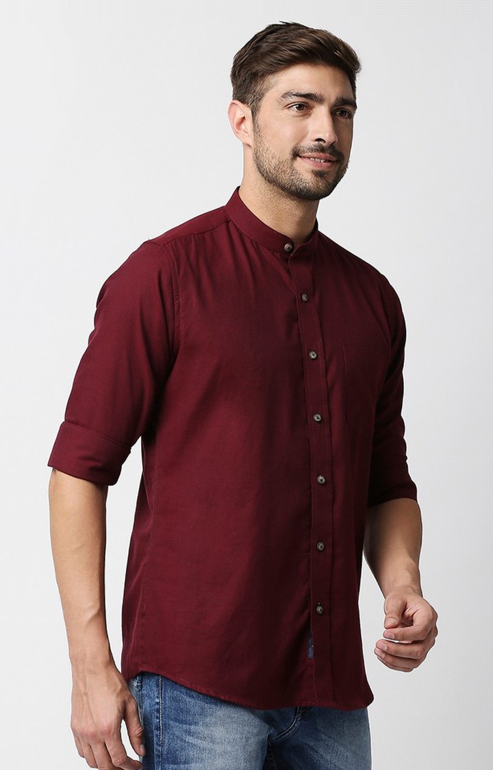 EVOQ's Maroon Flannel Full Sleeves Cotton Casual Shirt with Mandarin Collar for Men