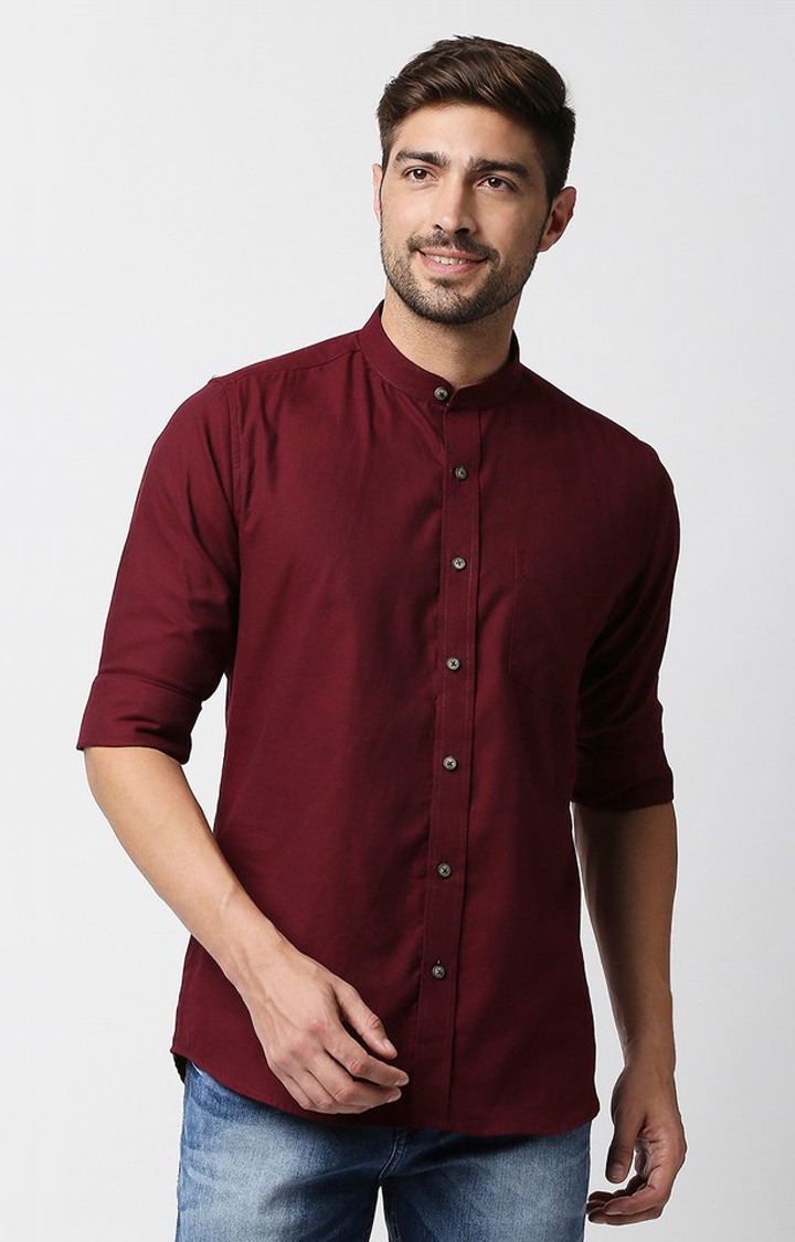 EVOQ's Maroon Flannel Full Sleeves Cotton Casual Shirt with Mandarin Collar for Men