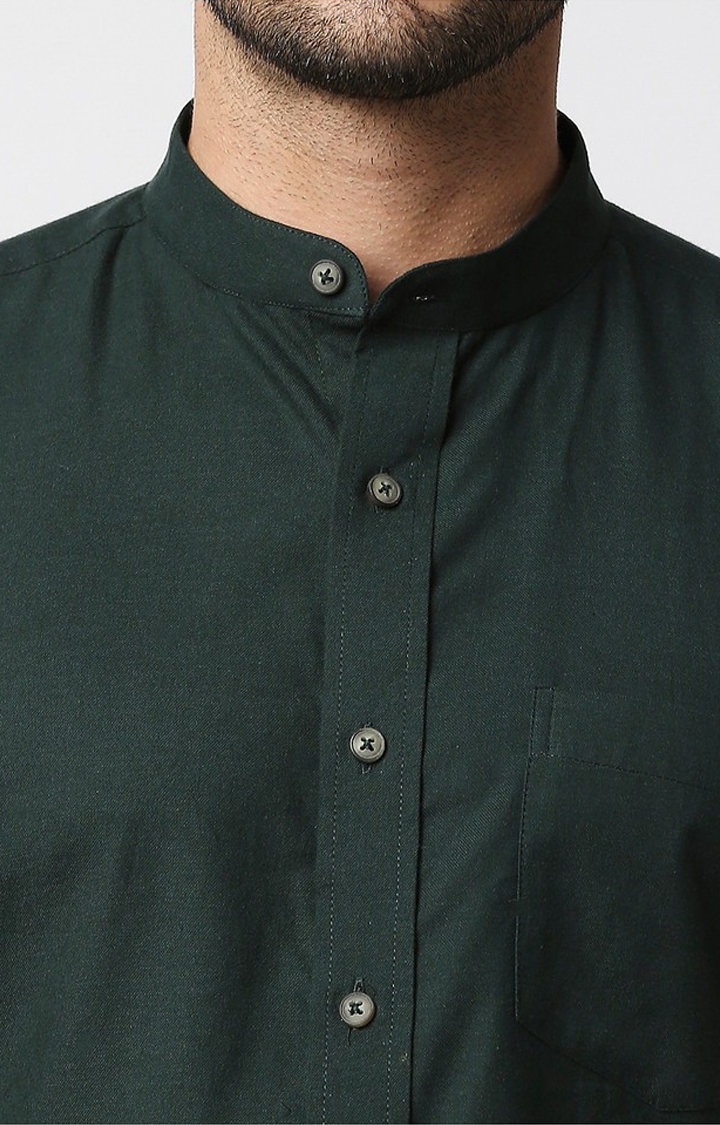 EVOQ | EVOQ's Bottled Green Flannel Full Sleeves Cotton Casual Shirt with Mandarin Collar for Men 5