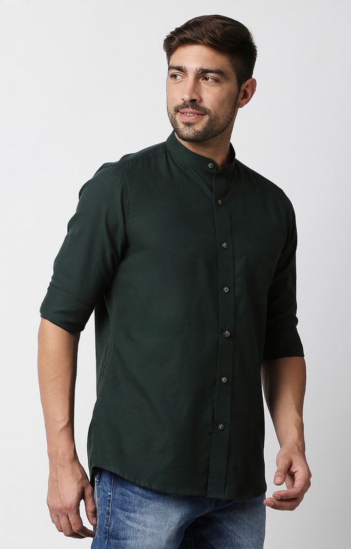 EVOQ | EVOQ's Bottled Green Flannel Full Sleeves Cotton Casual Shirt with Mandarin Collar for Men 2