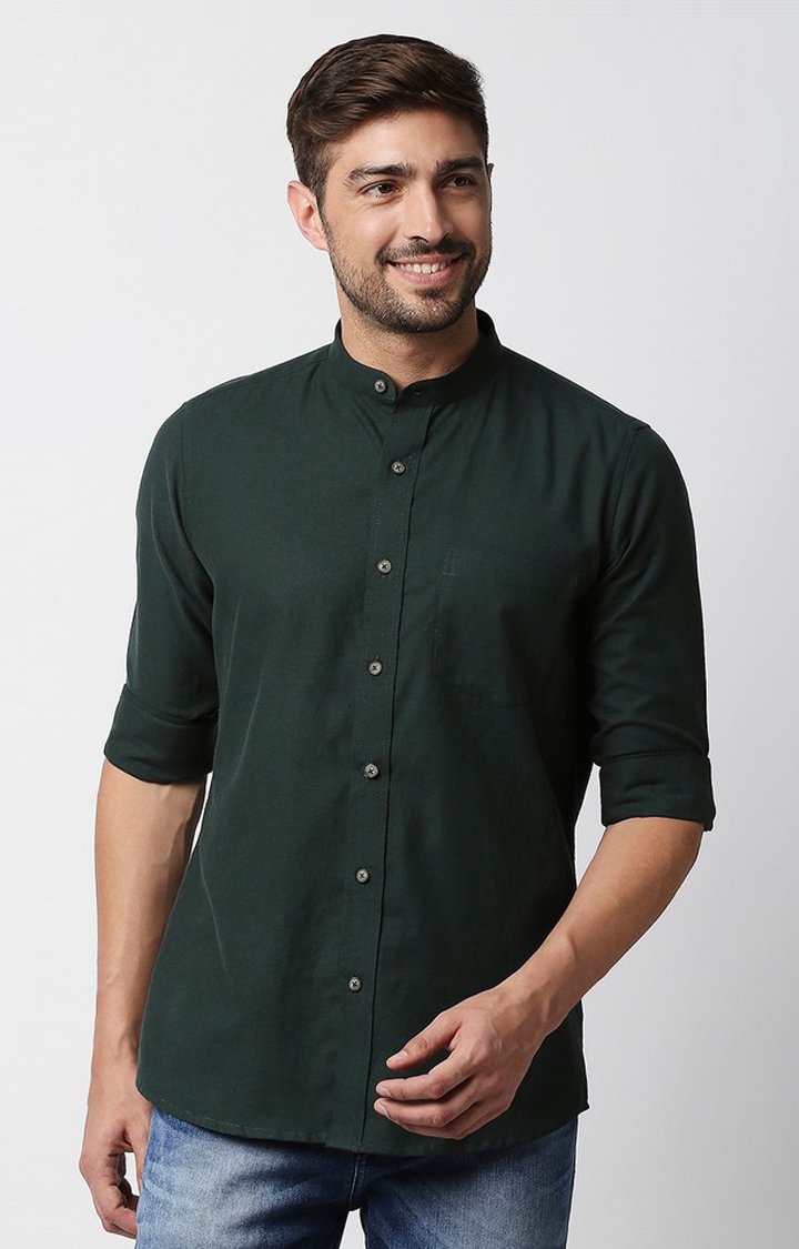 EVOQ | EVOQ's Bottled Green Flannel Full Sleeves Cotton Casual Shirt with Mandarin Collar for Men 0