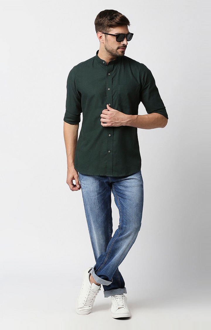 EVOQ | EVOQ's Bottled Green Flannel Full Sleeves Cotton Casual Shirt with Mandarin Collar for Men 1