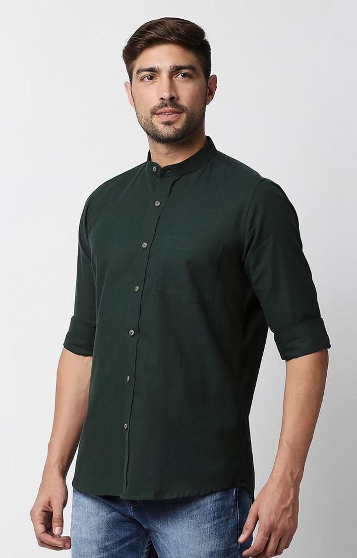 EVOQ | EVOQ's Bottled Green Flannel Full Sleeves Cotton Casual Shirt with Mandarin Collar for Men 3