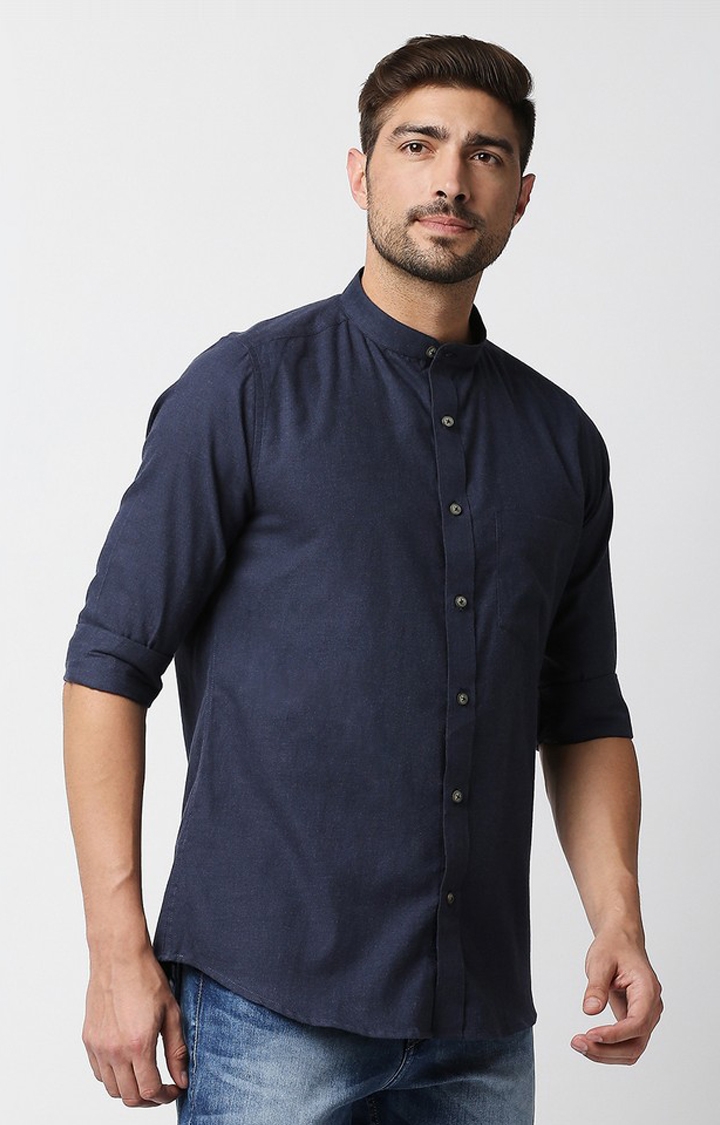 EVOQ | EVOQ's Navy Blue Flannel Full Sleeves Cotton Casual Shirt with Mandarin Collar for Men 2
