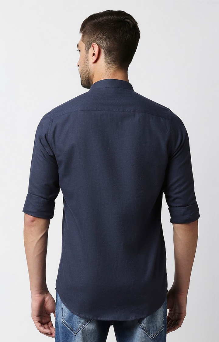 EVOQ | EVOQ's Navy Blue Flannel Full Sleeves Cotton Casual Shirt with Mandarin Collar for Men 4
