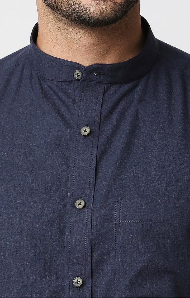 EVOQ | EVOQ's Navy Blue Flannel Full Sleeves Cotton Casual Shirt with Mandarin Collar for Men 5