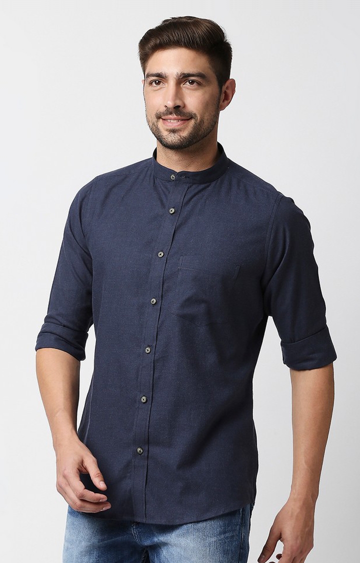 EVOQ | EVOQ's Navy Blue Flannel Full Sleeves Cotton Casual Shirt with Mandarin Collar for Men 3