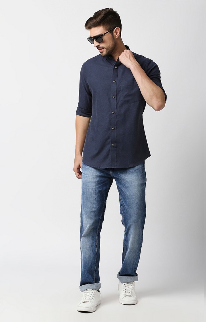 EVOQ | EVOQ's Navy Blue Flannel Full Sleeves Cotton Casual Shirt with Mandarin Collar for Men 1