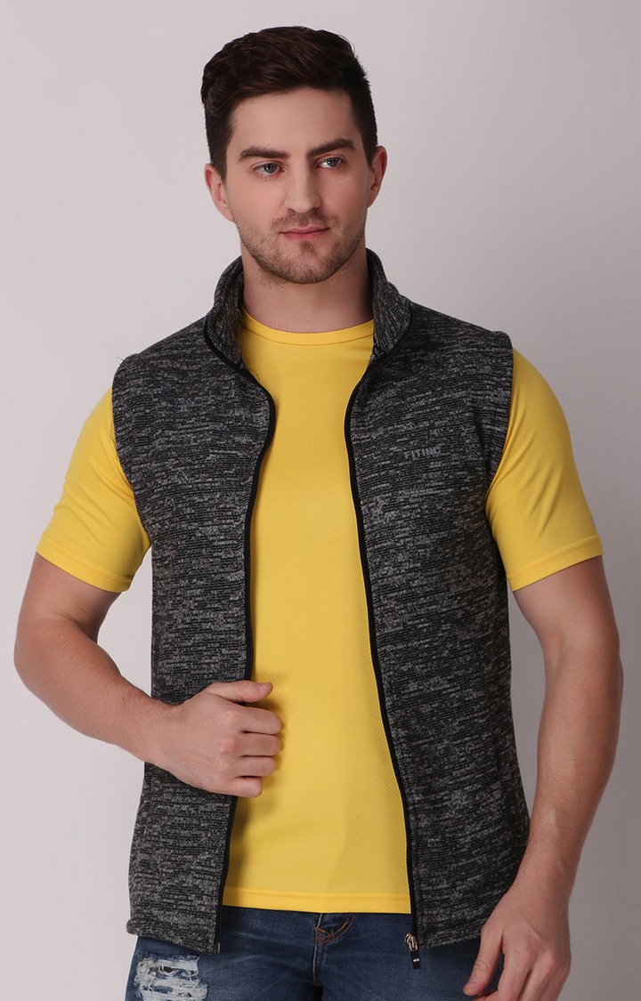 Men's Black Wool Melange Textured Gilet