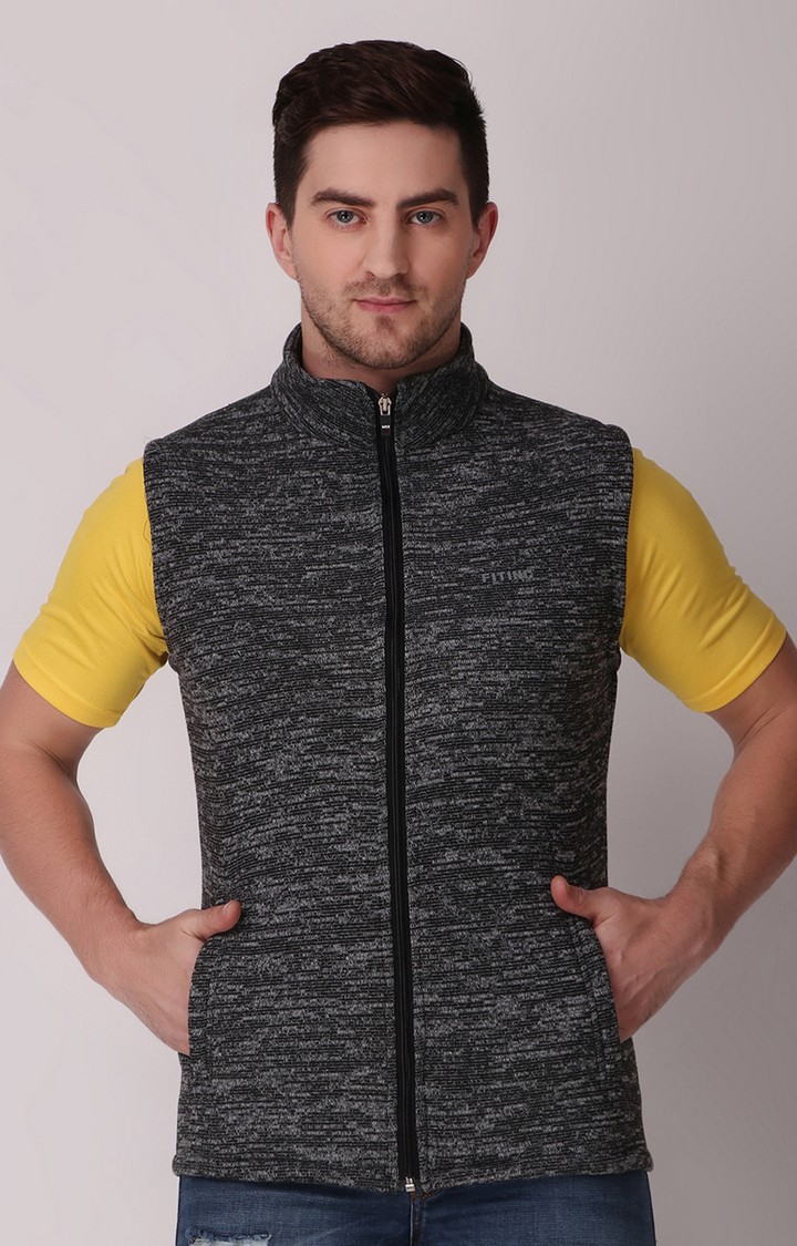 Men's Black Wool Melange Textured Gilet