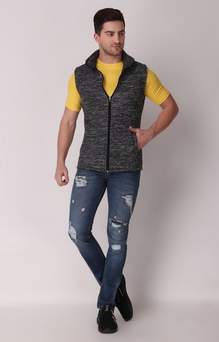 Fitinc | Men's Black Wool Melange Textured Gilet 1