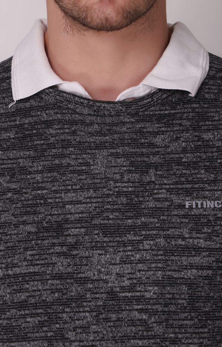 Fitinc | Men's Black Wool Melange Textured Sweatshirt 5