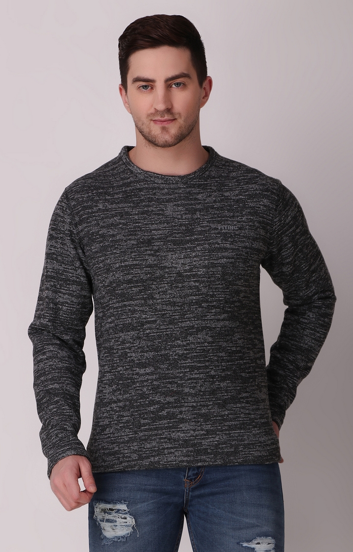 Fitinc | Men's Black Wool Melange Textured Sweatshirt 2