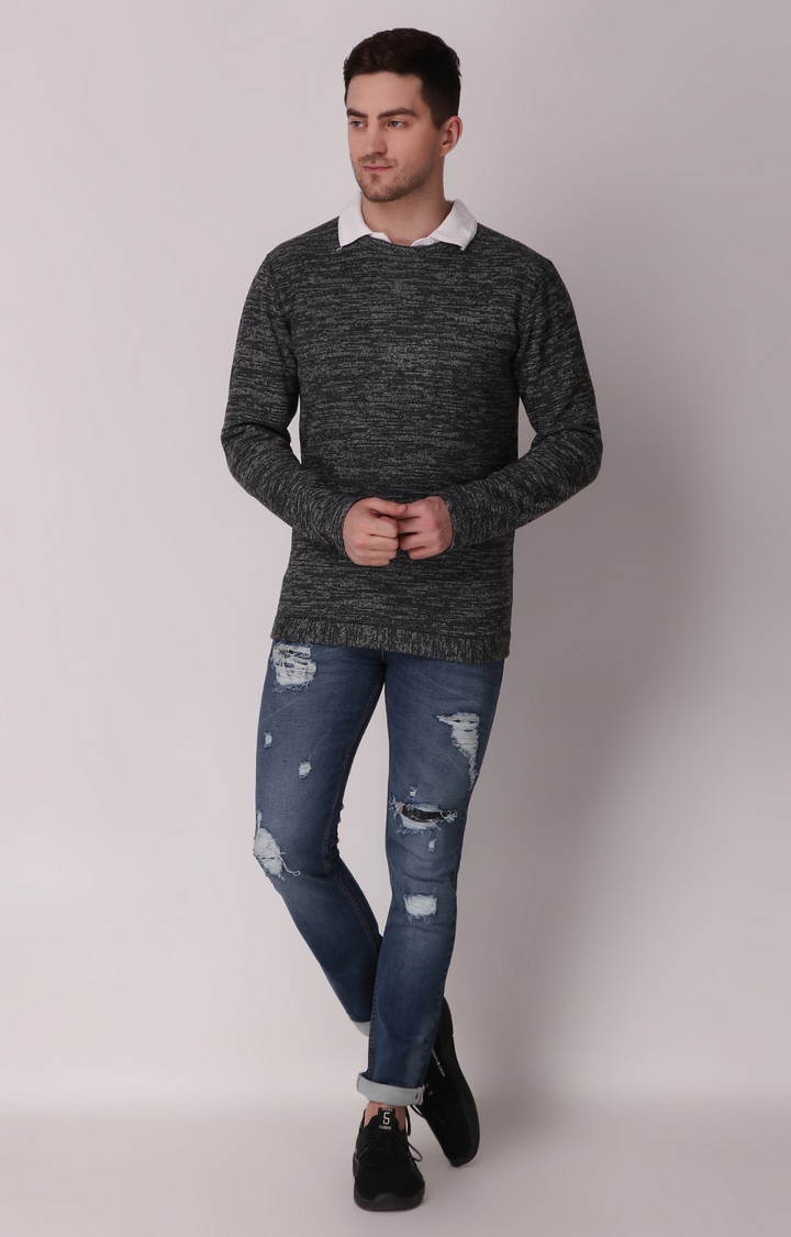 Fitinc | Men's Black Wool Melange Textured Sweatshirt 1