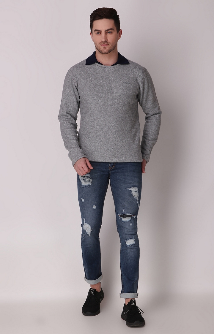 Fitinc | Men's Light Grey Wool Melange Textured Sweatshirt 1