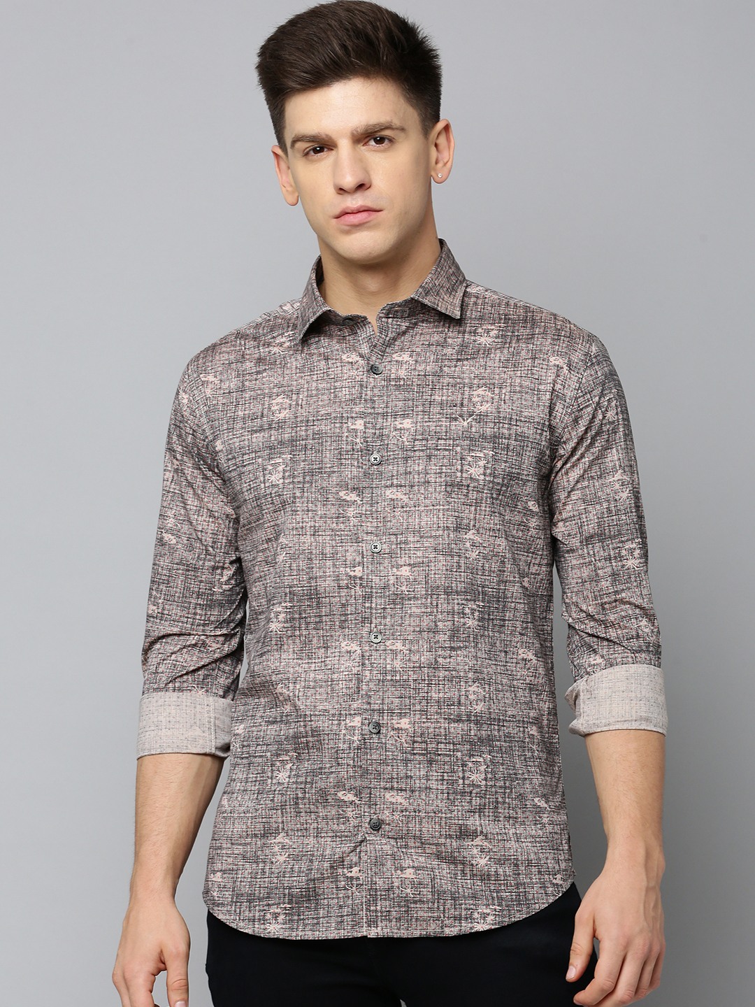 SHOWOFF Men's Spread Collar Printed Black Regular Fit Shirt