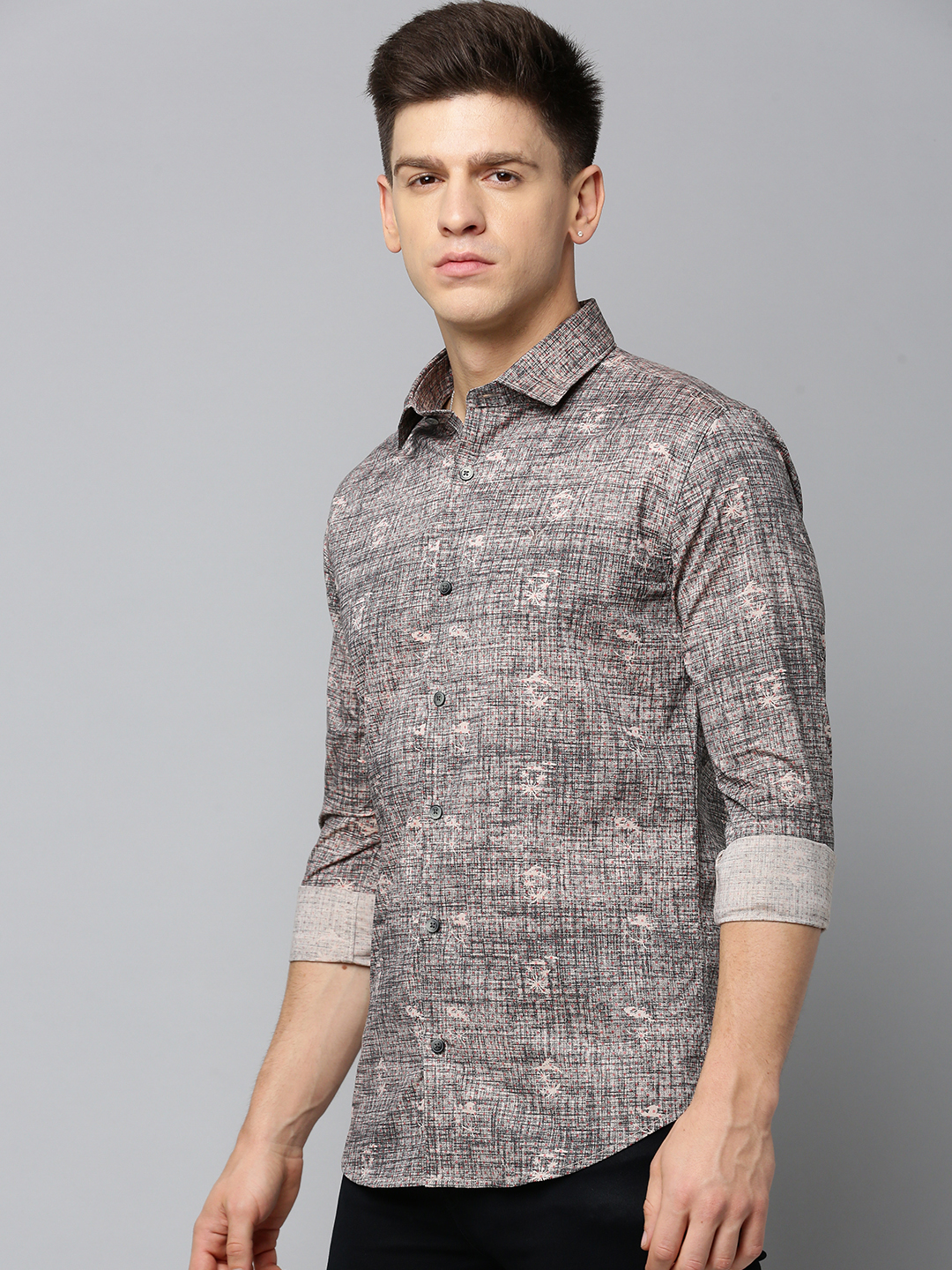 SHOWOFF Men's Spread Collar Printed Black Regular Fit Shirt
