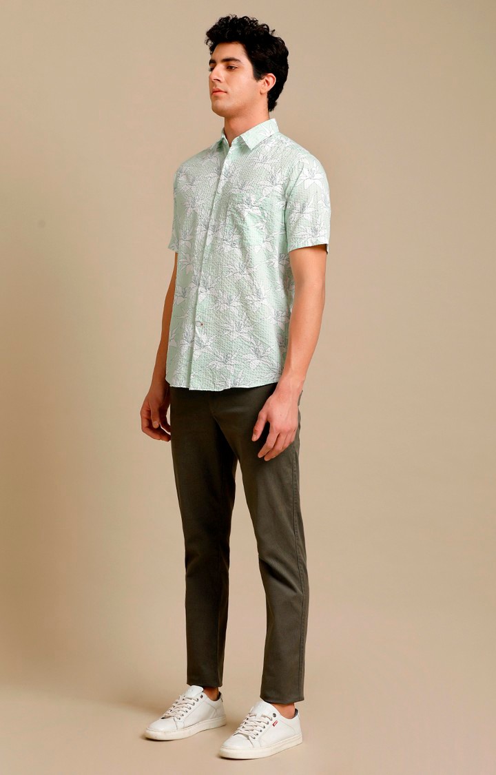 Men's Green Cotton Floral Casual Shirt